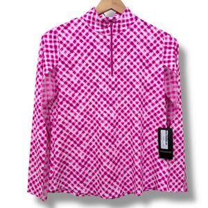 IBKUL Women's Long Sleeve Mock Neck Quarter Zip Golf Tennis Shirt Pink Plaid L
